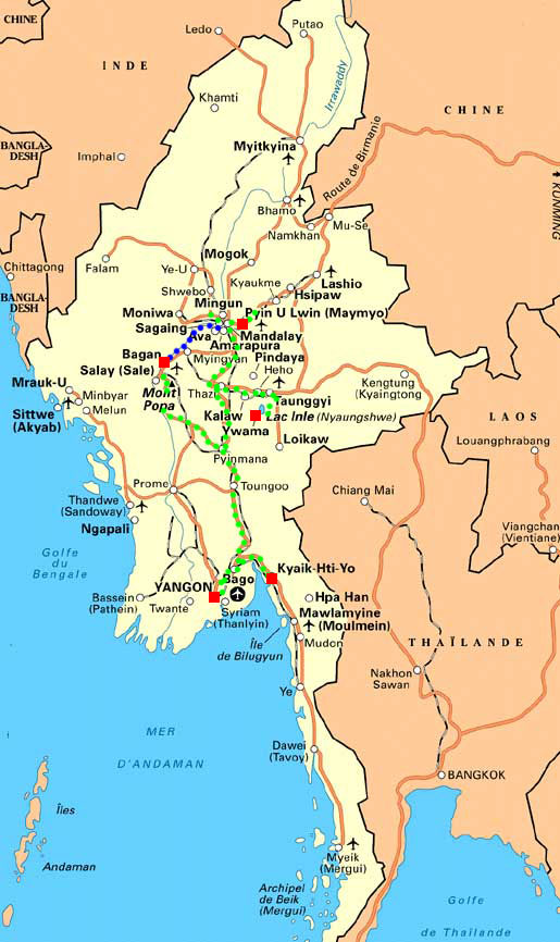carte de notre parcours en Birmanie